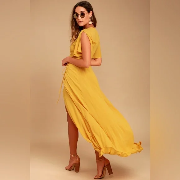 Lulus | Dresses | Lulus Much Obliged Golden Yellow Wrap Maxi Dress Size 4 |  Poshmark